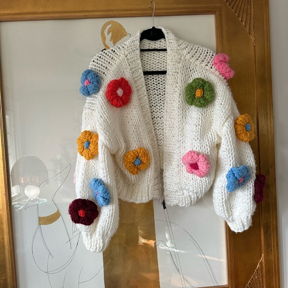 Cream Chunky Knit Sweater with Colorful Flowers - Picture 2 of 7